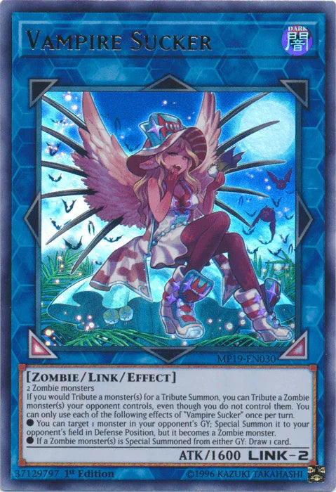 1st Edition, 2019 Gold Sarcophagus Tin Mega Pack, Dark, Link/Effect Monster, Ultra Rare, Unlimited, Zombie Vampire Sucker [MP19-EN030] Ultra Rare - Trading Card World