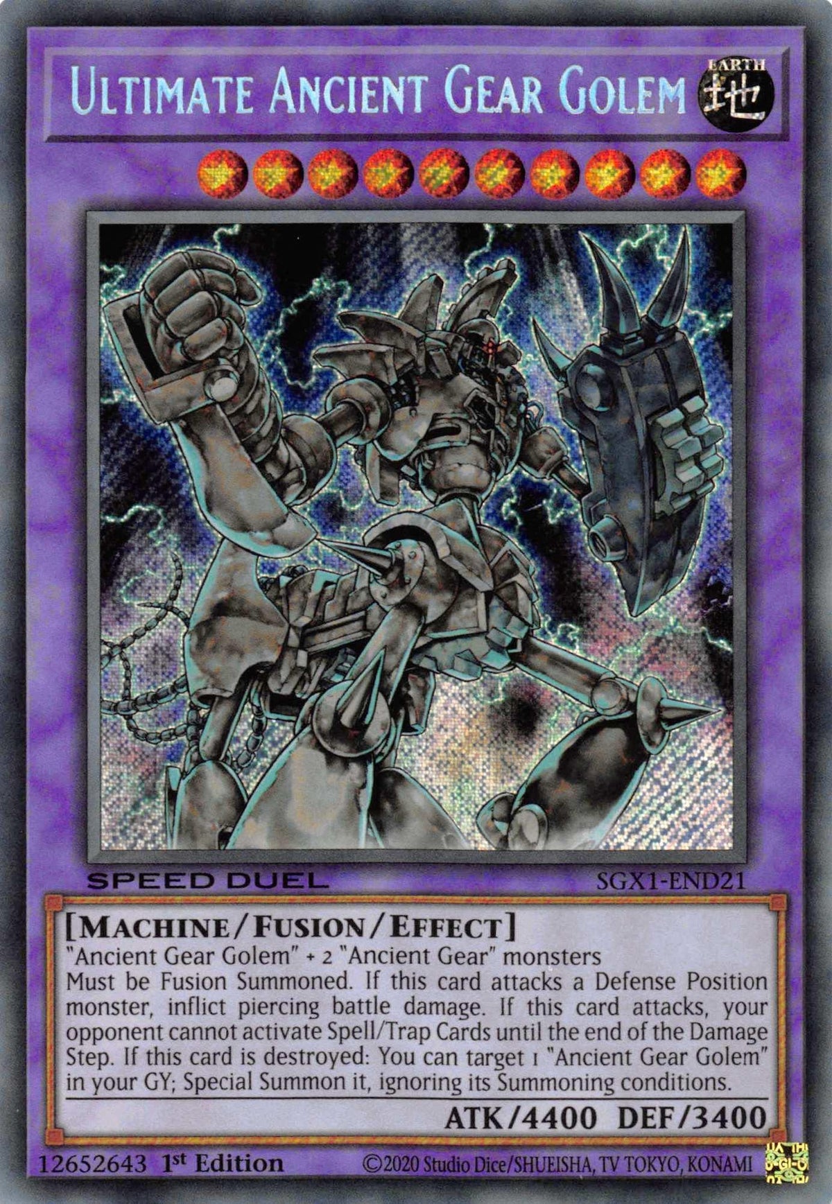 1st Edition, Earth, Fusion/Effect Monster, Machine, Secret Rare, Speed Duel GX: Duel Academy Box Ultimate Ancient Gear Golem [SGX1-END21] Secret Rare - Trading Card World