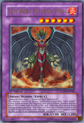 1st Edition, Fiend, Fire, Fusion/Effect Monster, Gladiator's Assault, Ultra Rare, Unlimited Evil Hero Inferno Wing [GLAS-EN038] Ultra Rare - Trading Card World