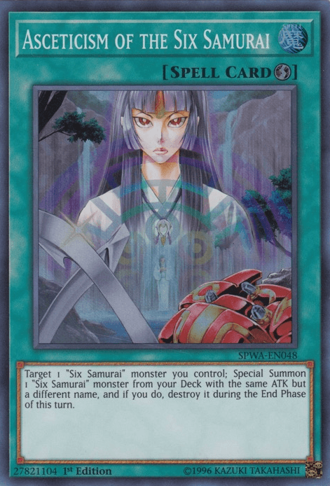 1st Edition, Quick Play Spell, Spell, Spirit Warriors, Super Rare Asceticism of the Six Samurai [SPWA-EN048] Super Rare - Trading Card World