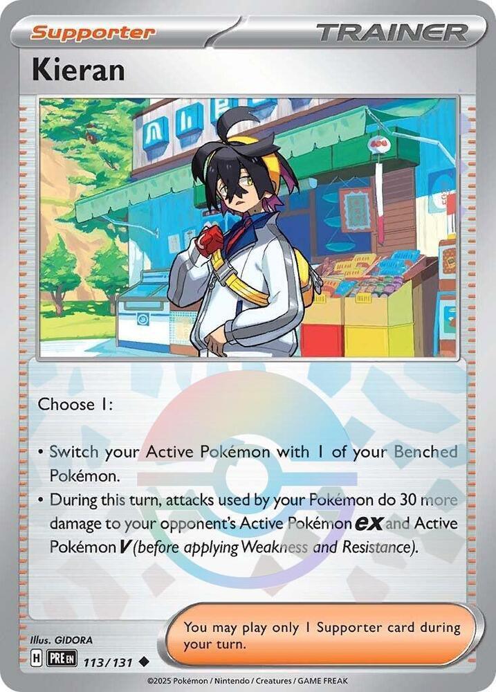 113, Holofoil, Scarlet & Violet: Prismatic Evolutions, Supporter, Uncommon Kieran (113/131) (Poke Ball Pattern) [Scarlet & Violet: Prismatic Evolutions] - Trading Card World