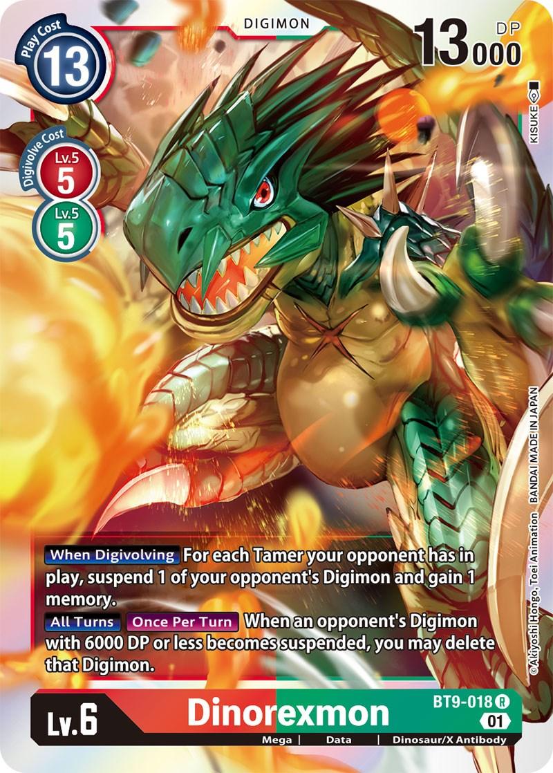 BT9-018, Data, Digimon, Dinosaur/X Antibody, Mega, Rare, Red/Green, X Record Dinorexmon [BT9-018] [X Record] - Trading Card World
