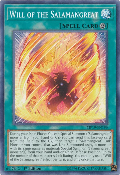 1st Edition, 2019 Gold Sarcophagus Tin Mega Pack, Common, Continuous Spell, Spell, Unlimited Will of the Salamangreat [MP19-EN196] Common - Trading Card World