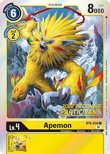 Beastkin, BT6-038, Champion, Common, Digimon, Double Diamond Promos, Vaccine, Yellow Apemon [BT6-038] (2022 Championship Online Regional) (Online Participant) [Double Diamond Promos] - Trading Card World