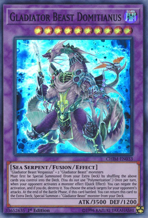 1st Edition, Chaos Impact, Dark, Fusion/Effect Monster, Sea Serpent, Super Rare, Unlimited Gladiator Beast Domitianus [CHIM-EN033] Super Rare - Trading Card World