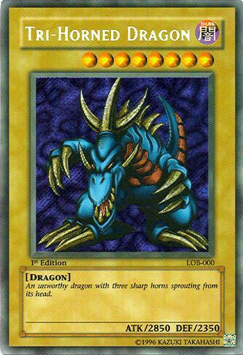 1st Edition, Dark, Dragon, Normal Monster, Secret Rare, The Legend of Blue Eyes White Dragon, Unlimited Tri-Horned Dragon [LOB-000] Secret Rare - Trading Card World