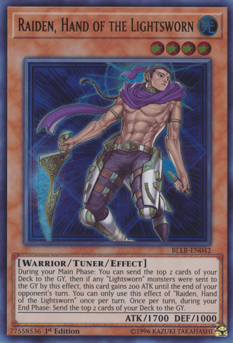 1st Edition, Battles of Legend: Light's Revenge, Light, Tuner/Effect Monster, Ultra Rare, Warrior Raiden, Hand of the Lightsworn [BLLR-EN042] Ultra Rare - Trading Card World