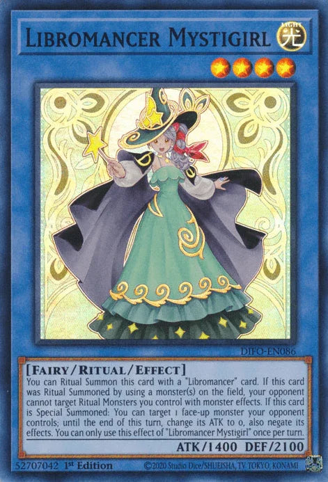 1st Edition, Dimension Force, Fairy, Light, Ritual/Effect Monster, Super Rare Libromancer Mystigirl [DIFO-EN086] Super Rare - Trading Card World