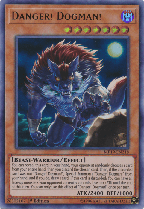 1st Edition, 2019 Gold Sarcophagus Tin Mega Pack, Beast-Warrior, Dark, Effect Monster, Ultra Rare, Unlimited Danger! Dogman! [MP19-EN218] Ultra Rare - Trading Card World