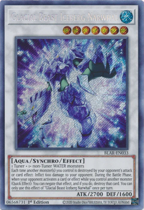1st Edition, Aqua, Battles of Legend: Armageddon, Secret Rare, Synchro/Effect Monster, Water Glacial Beast Iceberg Narwhal [BLAR-EN033] Secret Rare - Trading Card World