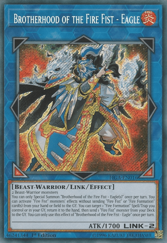 1st Edition, Beast-Warrior, Fire, Fists of the Gadgets, Link/Effect Monster, Secret Rare Brotherhood of the Fire Fist - Eagle [FIGA-EN016] Secret Rare - Trading Card World
