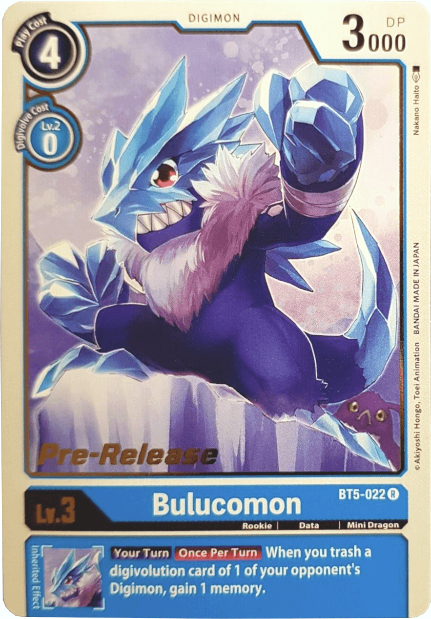 Battle of Omni Pre-Release Promos, Blue, BT5-022, Data, Digimon, Mini Dragon, Rare, Rookie Bulucomon [BT5-022] [Battle of Omni Pre-Release Promos] - Trading Card World