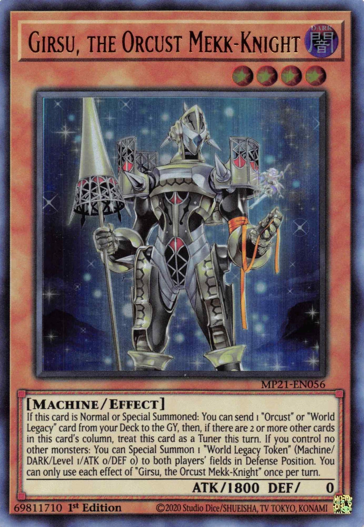 1st Edition, 2021 Tin of Ancient Battles, Dark, Effect Monster, Machine, Ultra Rare Girsu, the Orcust Mekk-Knight [MP21-EN056] Ultra Rare - Trading Card World