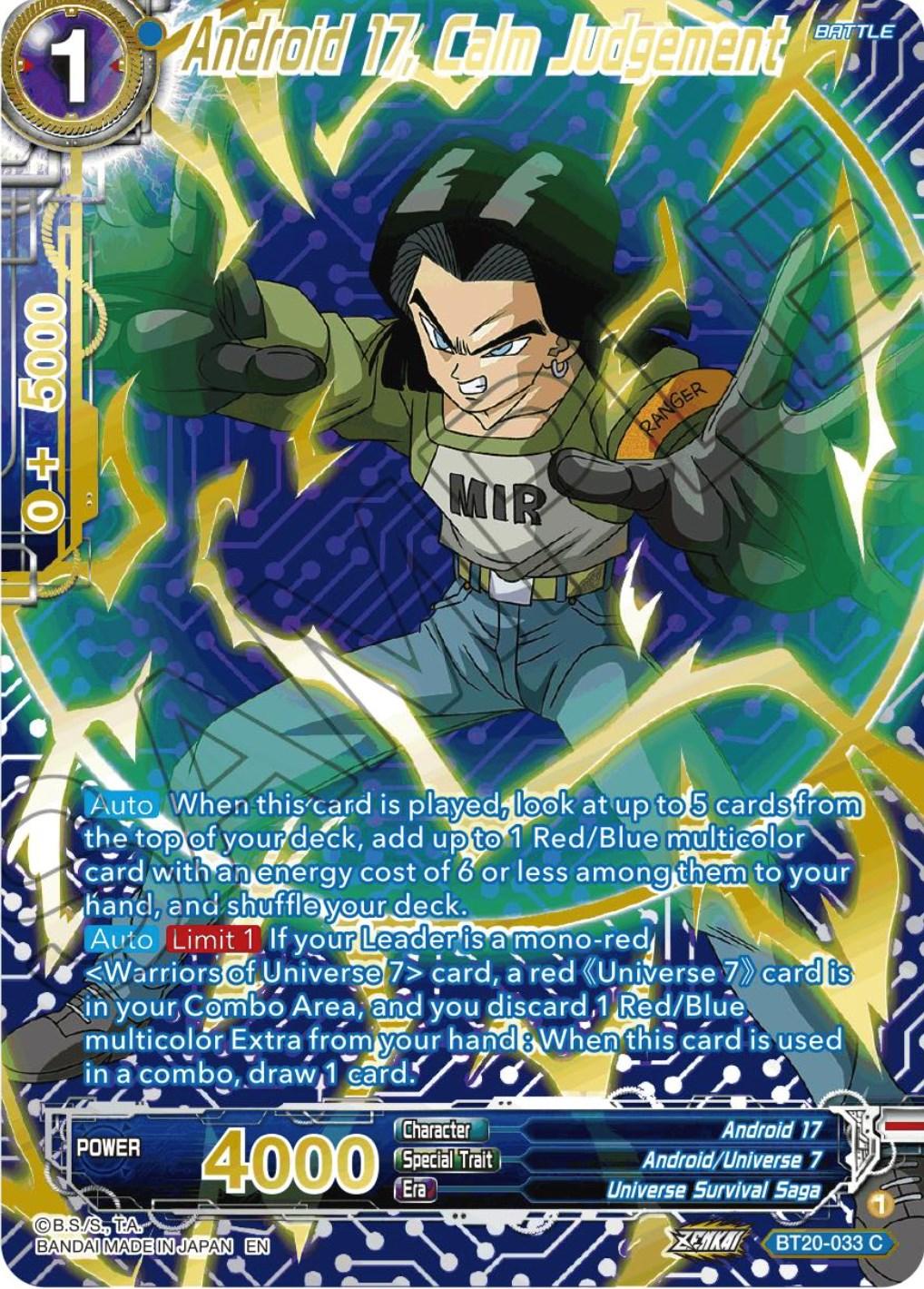 Android 17, Android/Universe 7, Battle, Blue, BT20-033, Common, Parallel Foil, Power Absorbed, Universe Survival Saga Android 17, Calm Judgement (Gold-Stamped) (BT20-033) [Power Absorbed] - Trading Card World