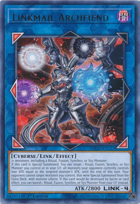 1st Edition, 2020 Tin of Lost Memories, Cyberse, Dark, Link/Effect Monster, Rare Linkmail Archfiend [MP20-EN125] Rare - Trading Card World