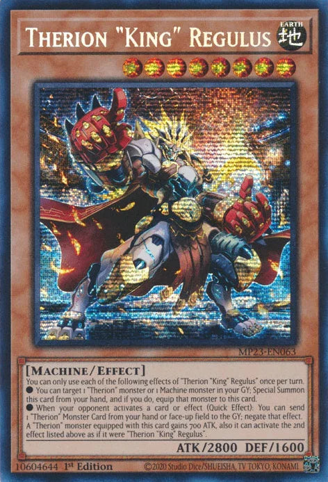 1st Edition, Dueling Heroes Collectors Tin - Mega Pack (25th Anniversary Edition), Earth, Effect Monster, Machine, Prismatic Secret Rare Therion "King" Regulus [MP23-EN063] Prismatic Secret Rare - Trading Card World