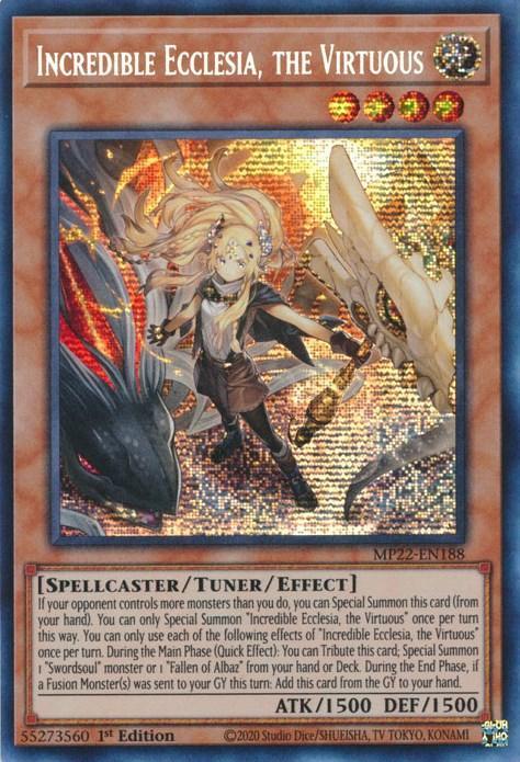 1st Edition, 2022 Tin of the Pharaoh's Gods, Light, Prismatic Secret Rare, Spellcaster, Tuner/Effect Monster Incredible Ecclesia, the Virtuous [MP22-EN188] Prismatic Secret Rare - Trading Card World