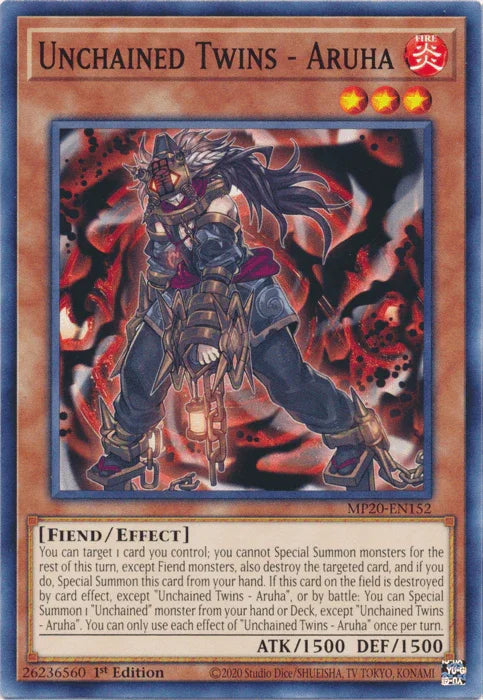 1st Edition, 2020 Tin of Lost Memories, Common, Effect Monster, Fiend, Fire Unchained Twins - Aruha [MP20-EN152] Common - Trading Card World