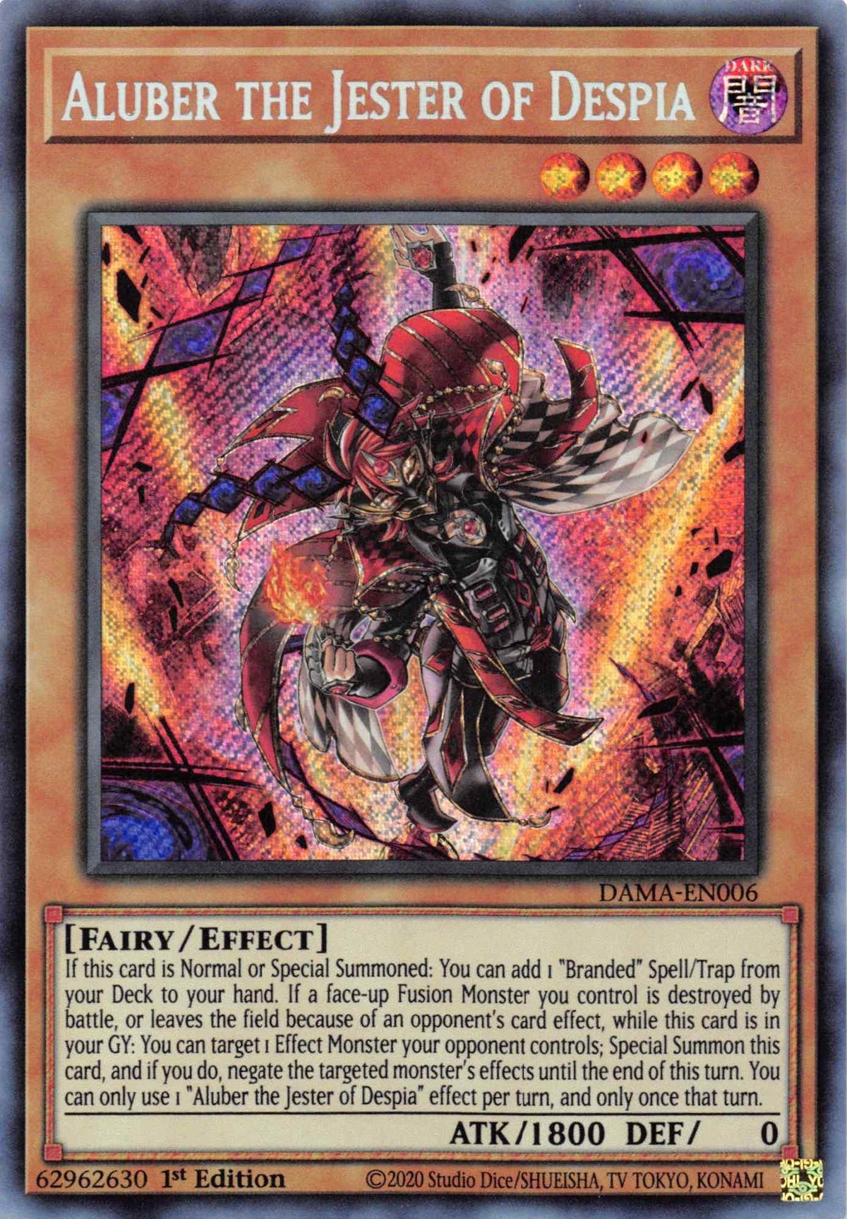 1st Edition, Dark, Dawn of Majesty, Effect Monster, Fairy, Secret Rare Aluber the Jester of Despia [DAMA-EN006] Secret Rare - Trading Card World