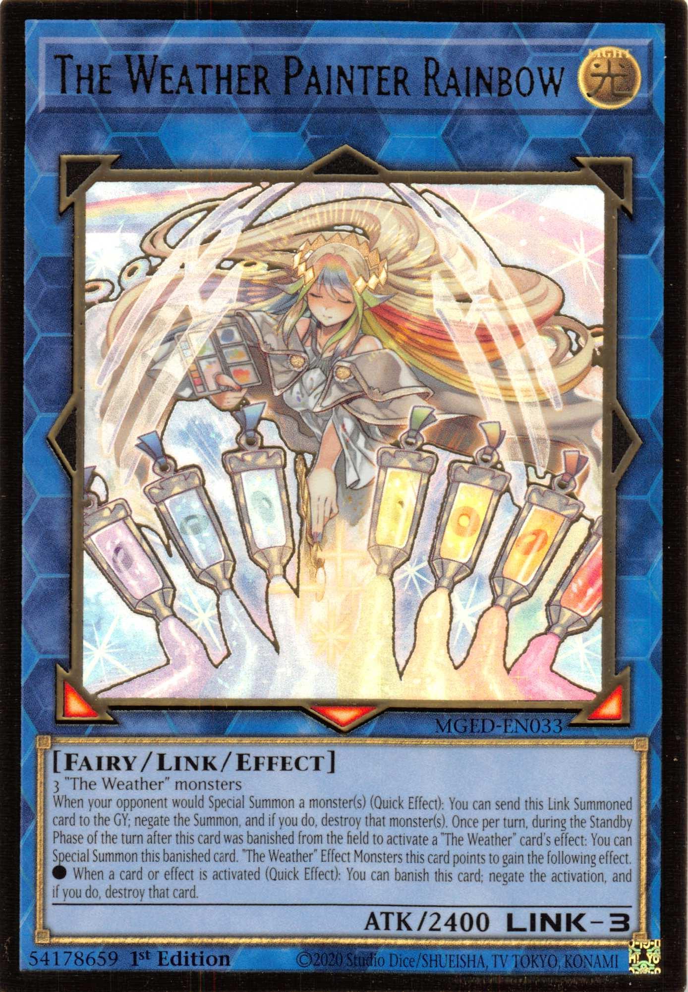 1st Edition, Fairy, Gold Rare, Light, Link/Effect Monster, Maximum Gold: El Dorado The Weather Painter Rainbow [MGED-EN033] Gold Rare - Trading Card World