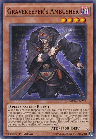 1st Edition, 2014 Mega-Tins Mega Pack, Common, Dark, Effect Monster, Spellcaster Gravekeeper's Ambusher [MP14-EN213] Common - Trading Card World