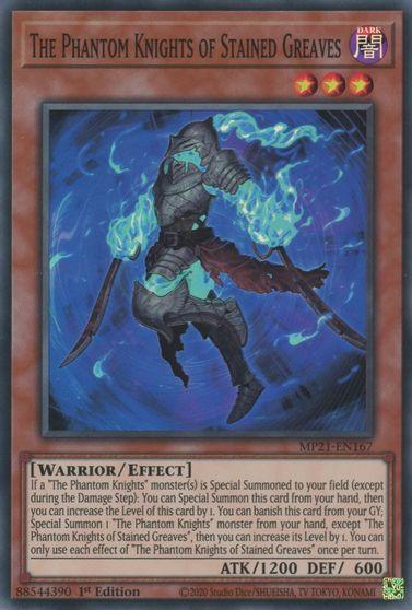 1st Edition, 2021 Tin of Ancient Battles, Dark, Effect Monster, Super Rare, Warrior The Phantom Knights of Stained Greaves [MP21-EN167] Super Rare - Trading Card World