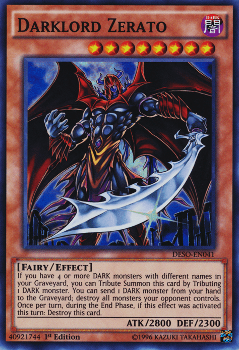 1st Edition, Dark, Destiny Soldiers, Effect Monster, Fairy, Super Rare Darklord Zerato [DESO-EN041] Super Rare - Trading Card World