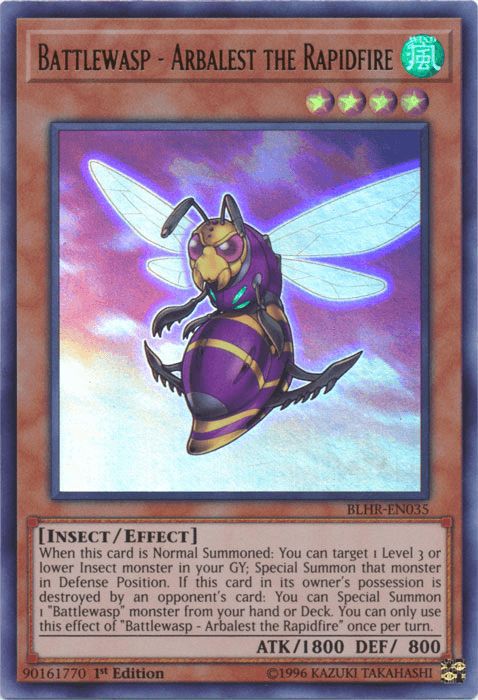 1st Edition, Battles of Legend: Hero's Revenge, Effect Monster, Insect, Ultra Rare, Wind Battlewasp - Arbalest the Rapidfire [BLHR-EN035] Ultra Rare - Trading Card World