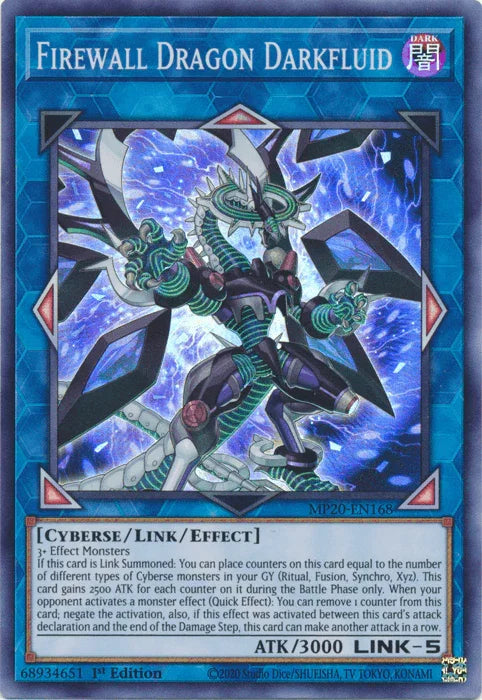 1st Edition, 2020 Tin of Lost Memories, Cyberse, Dark, Link/Effect Monster, Super Rare Firewall Dragon Darkfluid [MP20-EN168] Super Rare - Trading Card World