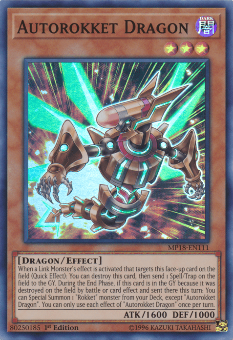 1st Edition, 2018 Mega-Tins Mega Pack, Dark, Dragon, Effect Monster, Super Rare Autorokket Dragon [MP18-EN111] Super Rare - Trading Card World