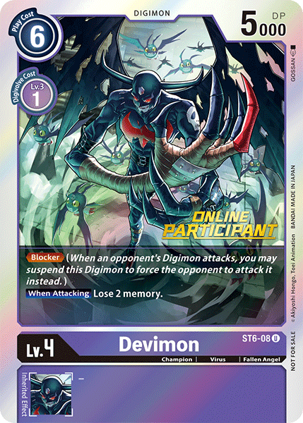 Champion, Digimon, Fallen Angel, Purple, ST6-08, Starter Deck: Venomous Violet Promos, Uncommon, Virus Devimon [ST6-08] (Online Participant) [Starter Deck: Venomous Violet Promos] - Trading Card World