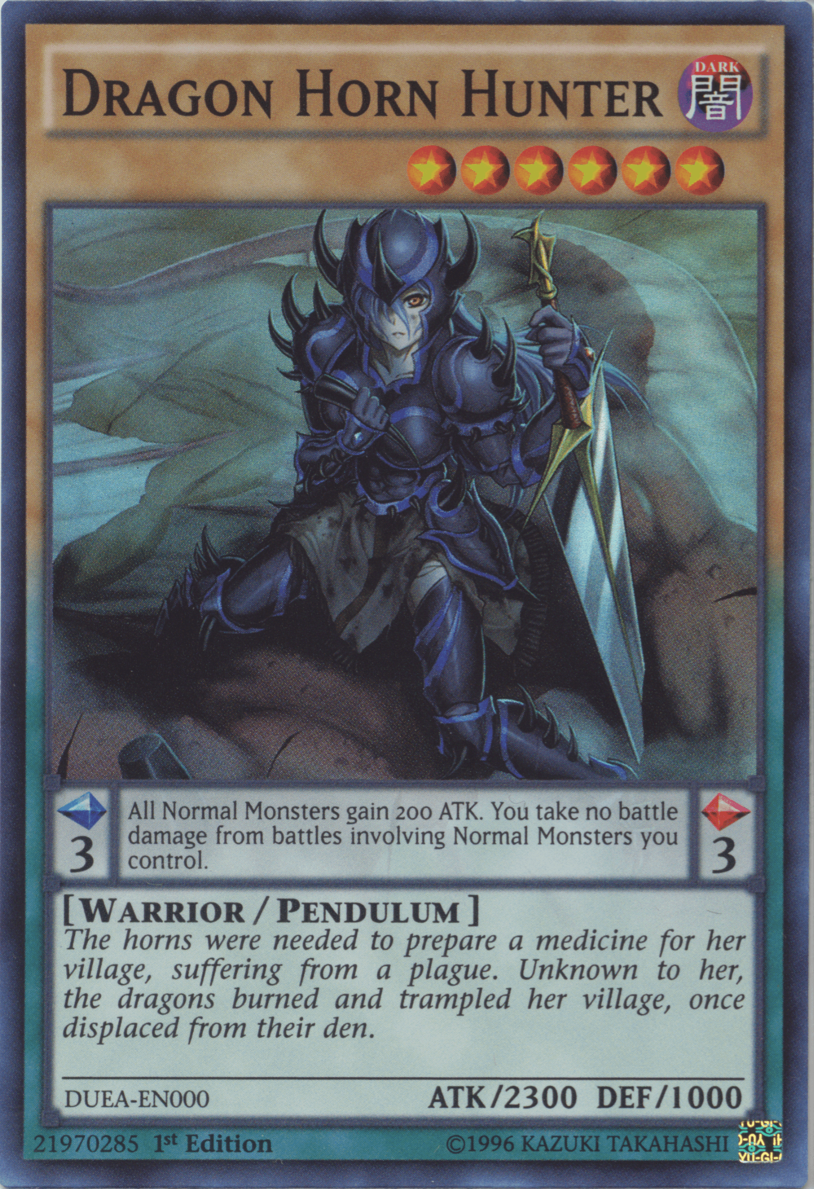1st Edition, Dark, Duelist Alliance, Pendulum Monster, Super Rare, Unlimited, Warrior Dragon Horn Hunter [DUEA-EN000] Super Rare - Trading Card World