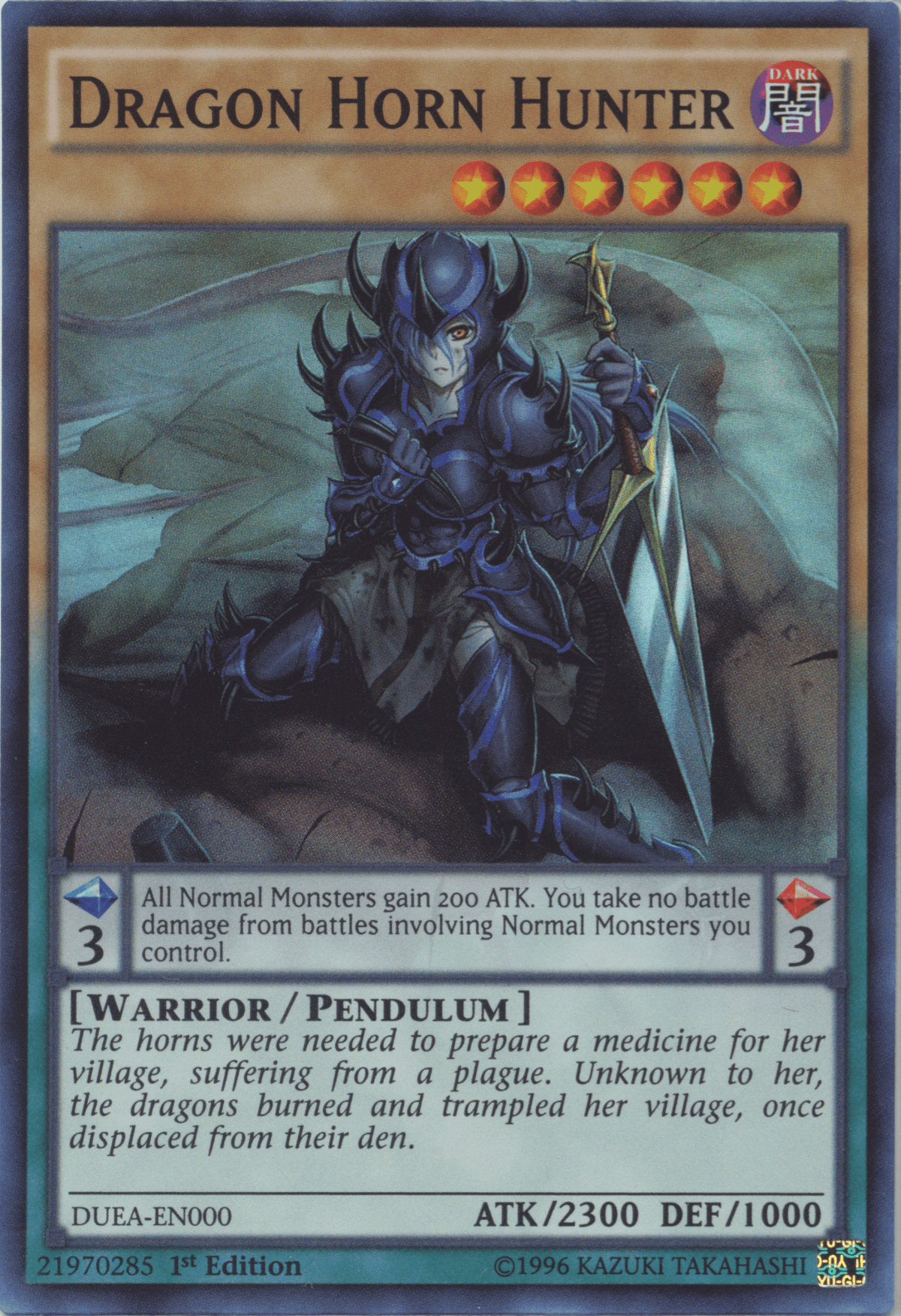 1st Edition, Dark, Duelist Alliance, Pendulum Monster, Super Rare, Unlimited, Warrior Dragon Horn Hunter [DUEA-EN000] Super Rare - Trading Card World