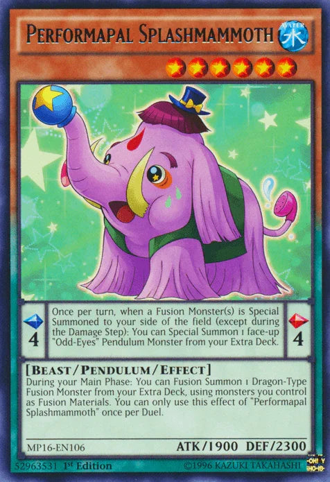 1st Edition, 2016 Mega-Tins Mega Pack, Beast, Pendulum/Effect Monster, Rare, Unlimited, Water Performapal Splashmammoth [MP16-EN106] Rare - Trading Card World
