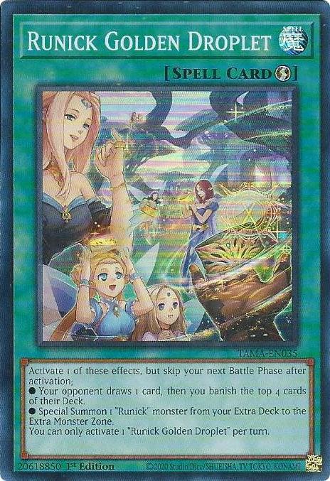 1st Edition, Quick-Play Spell, Spell, Super Rare, Tactical Masters Runick Golden Droplet [TAMA-EN035] Super Rare - Trading Card World