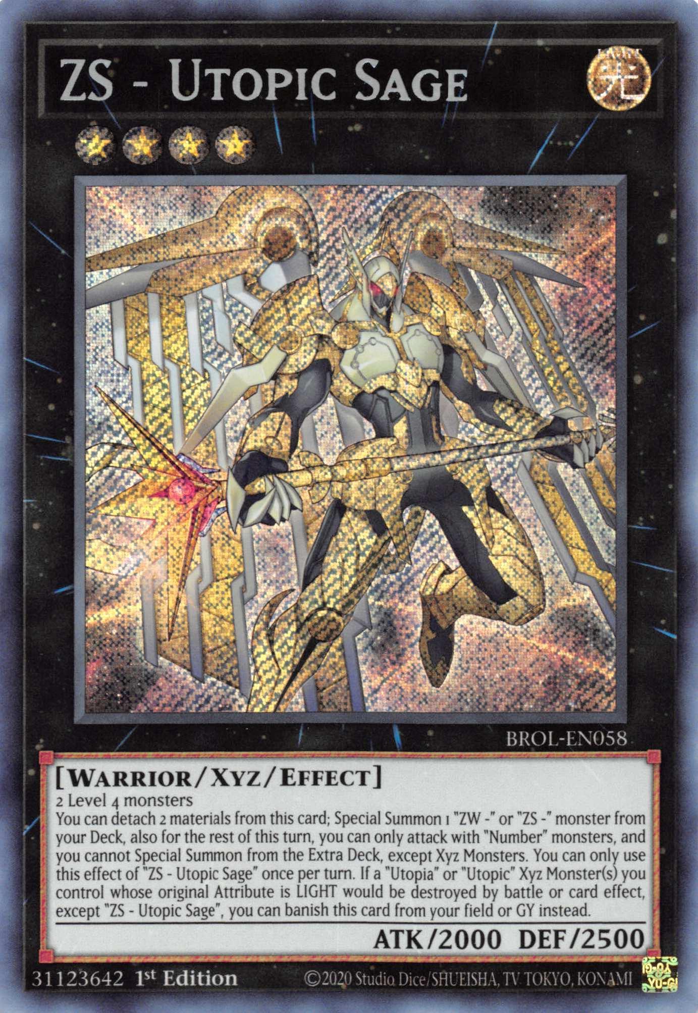 1st Edition, Brothers of Legend, Light, Secret Rare, Warrior, Xyz/Effect Monster ZS - Utopic Sage [BROL-EN058] Secret Rare - Trading Card World