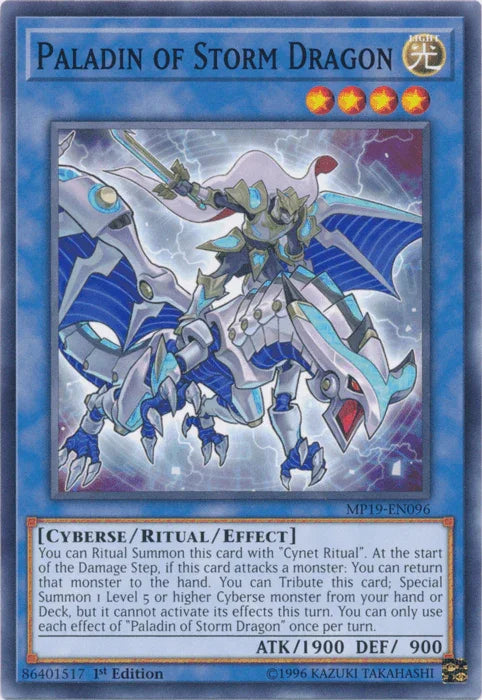 1st Edition, 2019 Gold Sarcophagus Tin Mega Pack, Common, Cyberse, Light, Ritual/Effect Monster, Unlimited Paladin of Storm Dragon [MP19-EN096] Common - Trading Card World