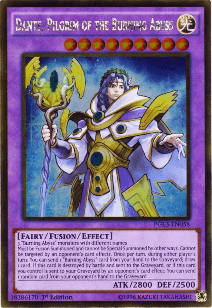 1st Edition, Fairy, Fusion/Effect Monster, Gold Rare, Light, Premium Gold: Infinite Gold Dante, Pilgrim of the Burning Abyss [PGL3-EN058] Gold Rare - Trading Card World