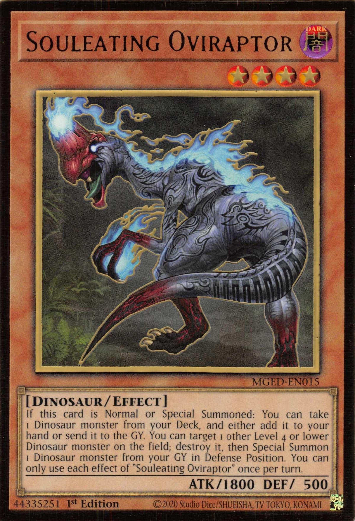 1st Edition, Dark, Dinosaur, Effect Monster, Gold Rare, Maximum Gold: El Dorado Souleating Oviraptor [MGED-EN015] Gold Rare - Trading Card World