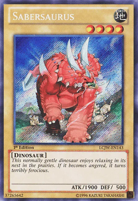 1st Edition, Dinosaur, Earth, Legendary Collection 4: Joey's World, Normal Monster, Secret Rare Sabersaurus [LCJW-EN143] Secret Rare - Trading Card World