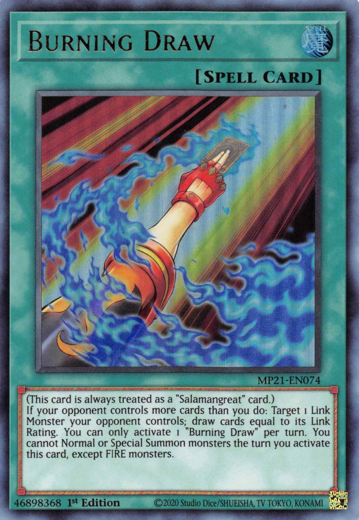 1st Edition, 2021 Tin of Ancient Battles, Normal Spell, Spell, Ultra Rare Burning Draw [MP21-EN074] Ultra Rare - Trading Card World