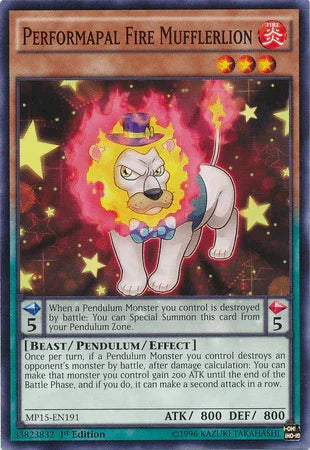 1st Edition, 2015 Mega-Tins Mega Pack, Beast, Common, Fire, Pendulum/Effect Monster Performapal Fire Mufflerlion [MP15-EN191] Common - Trading Card World
