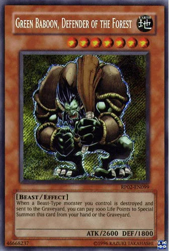 Beast, Earth, Effect Monster, Limited, Retro Pack 2, Secret Rare, Unlimited Green Baboon, Defender of the Forest [RP02-EN099] Secret Rare - Trading Card World