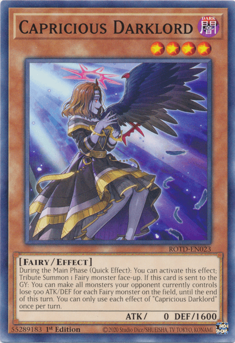 1st Edition, Common, Dark, Effect Monster, Fairy, Rise of the Duelist Capricious Darklord [ROTD-EN023] Common - Trading Card World