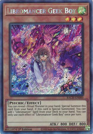 1st Edition, Battle of Chaos, Effect Monster, Psychic, Secret Rare, Wind Libromancer Geek Boy [BACH-EN000] Secret Rare - Trading Card World