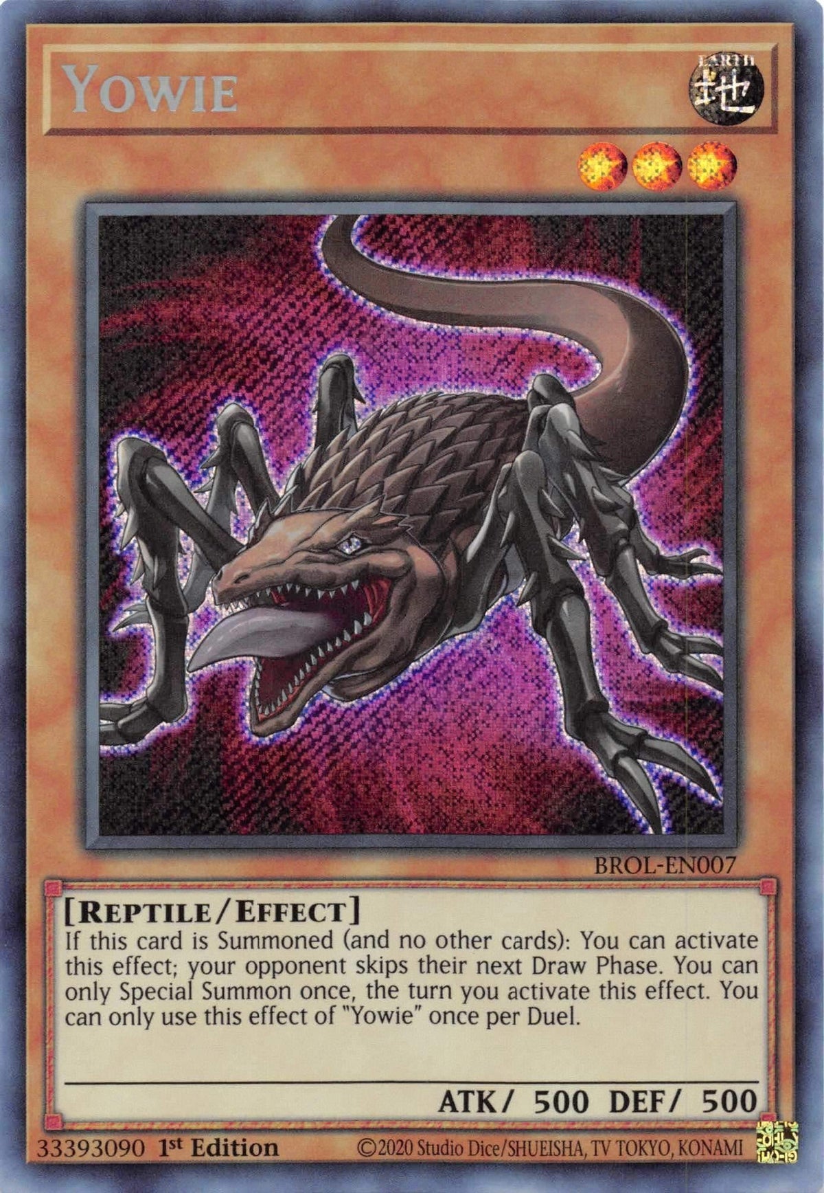 1st Edition, Brothers of Legend, Earth, Effect Monster, Reptile, Secret Rare Yowie [BROL-EN007] Secret Rare - Trading Card World