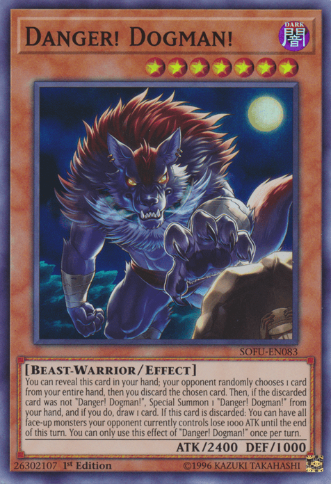 1st Edition, Beast-Warrior, Dark, Effect Monster, Soul Fusion, Super Rare, Unlimited Danger! Dogman! [SOFU-EN083] Super Rare - Trading Card World