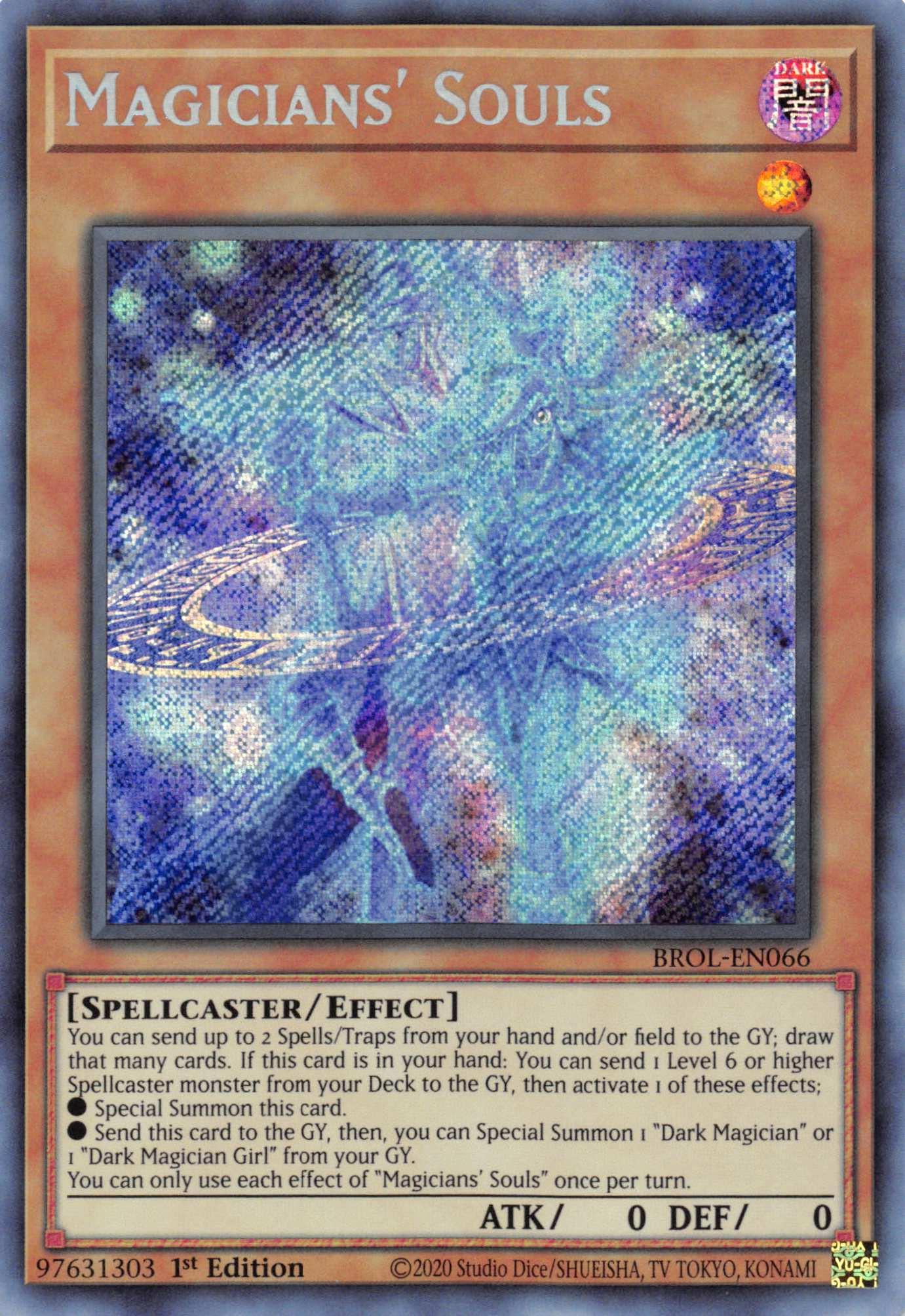1st Edition, Brothers of Legend, Dark, Effect Monster, Secret Rare, Spellcaster Magicians' Souls [BROL-EN066] Secret Rare - Trading Card World