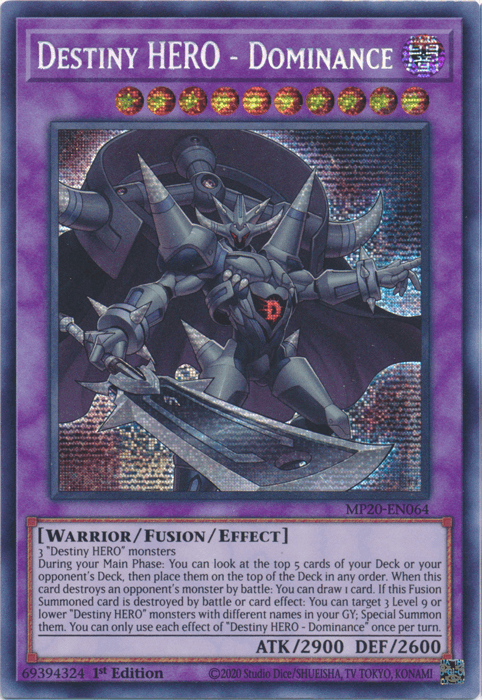 1st Edition, 2020 Tin of Lost Memories, Dark, Fusion/Effect Monster, Prismatic Secret Rare, Warrior Destiny Hero - Dominance [MP20-EN064] Prismatic Secret Rare - Trading Card World
