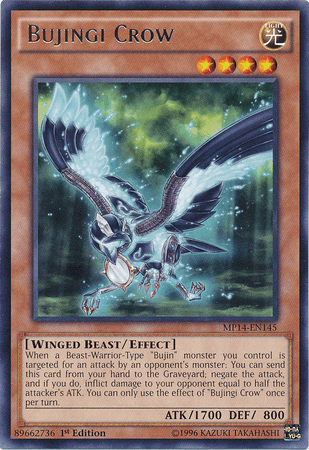 1st Edition, 2014 Mega-Tins Mega Pack, Effect Monster, Light, Rare, Winged Beast Bujingi Crow [MP14-EN145] Rare - Trading Card World
